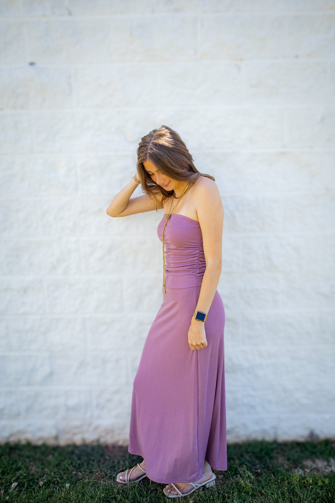 Mauve Moment Strapless Ruched Midi Dress