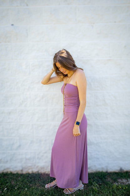 Mauve Moment Strapless Ruched Midi Dress
