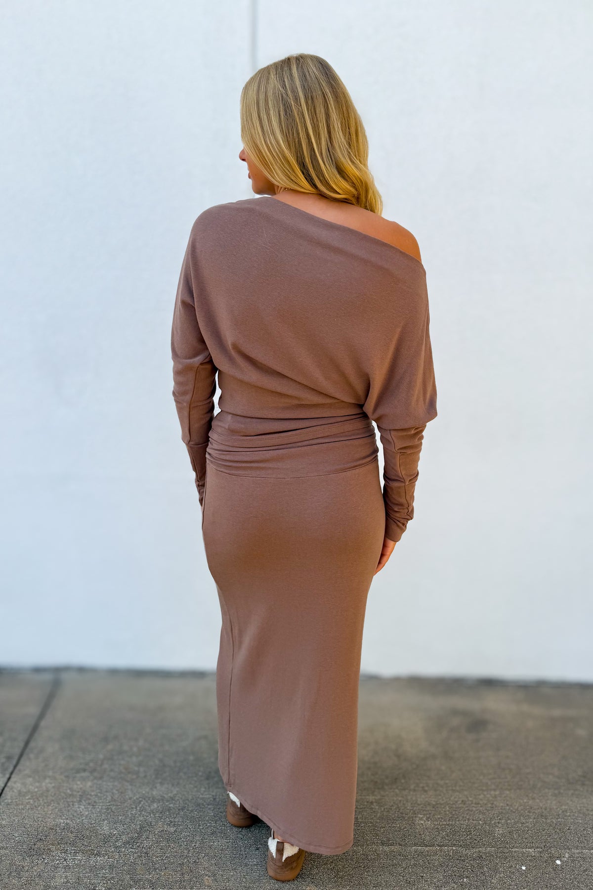 Fall For It Boat Neck Ruched Knit Maxi Set - BROWN