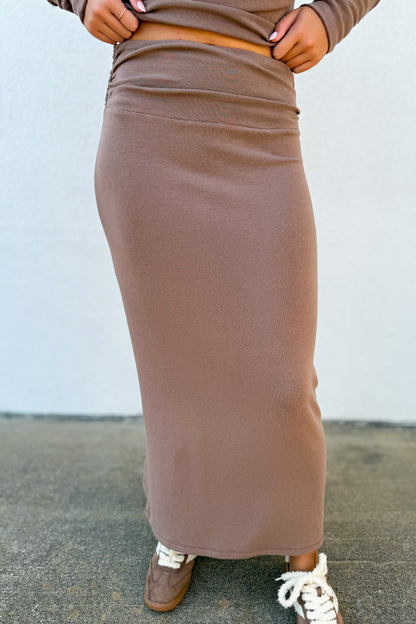 Fall For It Boat Neck Ruched Knit Maxi Set - BROWN