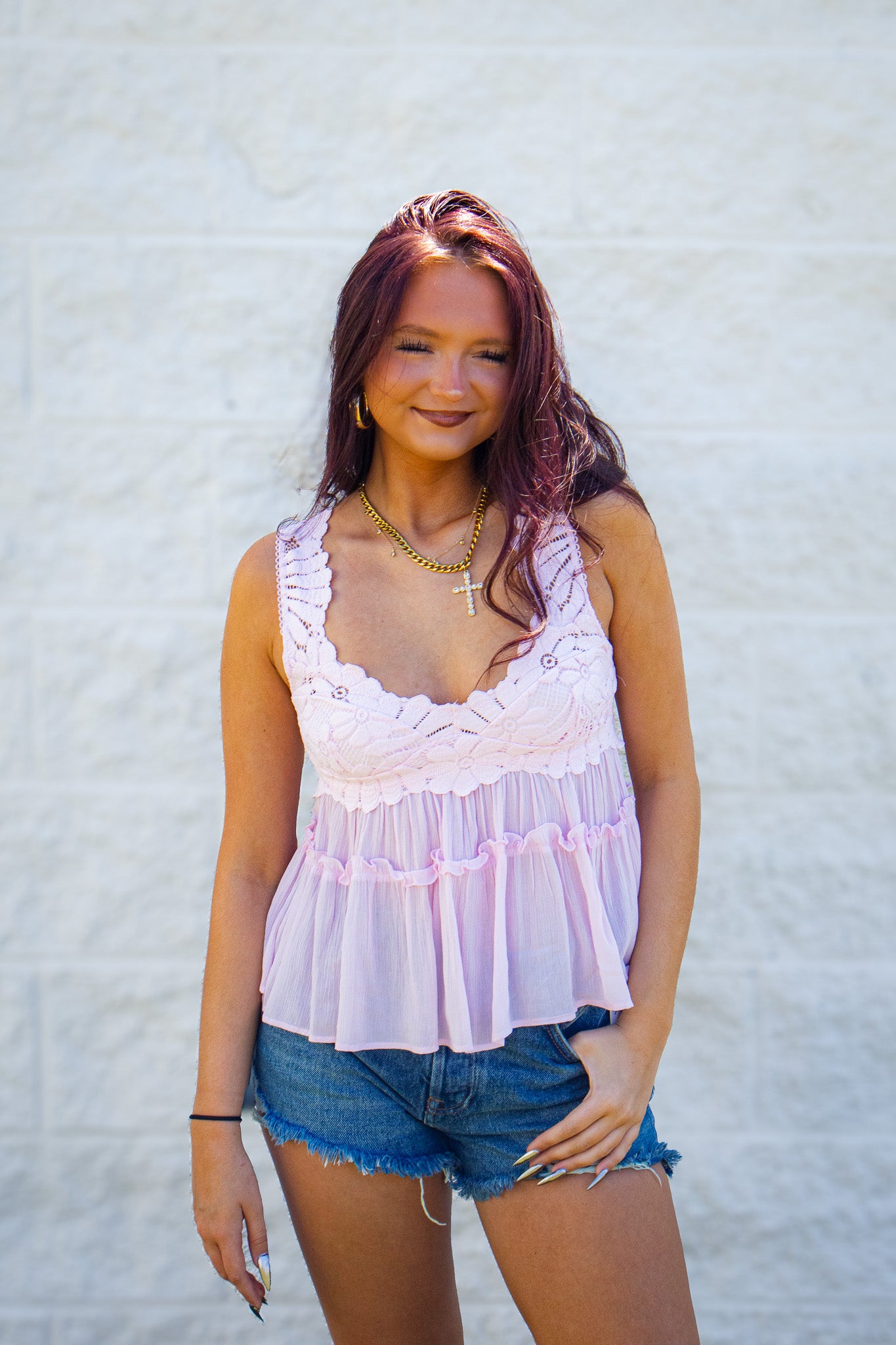 Free People - Petal Party Lace Tiered Shapeless Cami - Pink Destiny