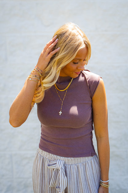 Free People - We The Free - Ever Had Ribbed Cap Sleeve Tee - Brunette/Brown