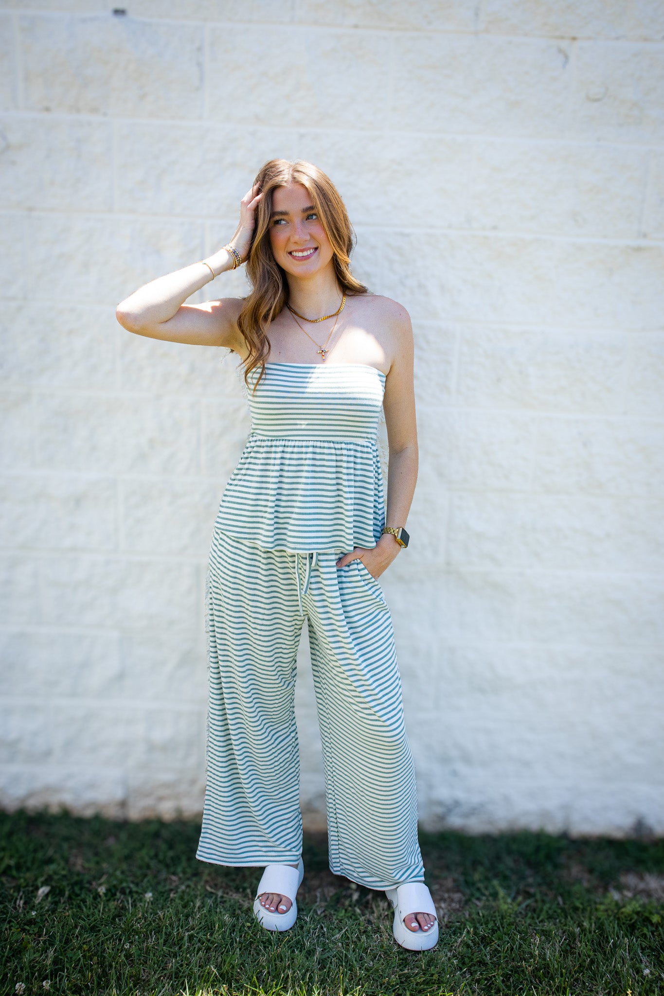 Laguna Striped Strapless Two-Piece Set – Sage Green Stripe