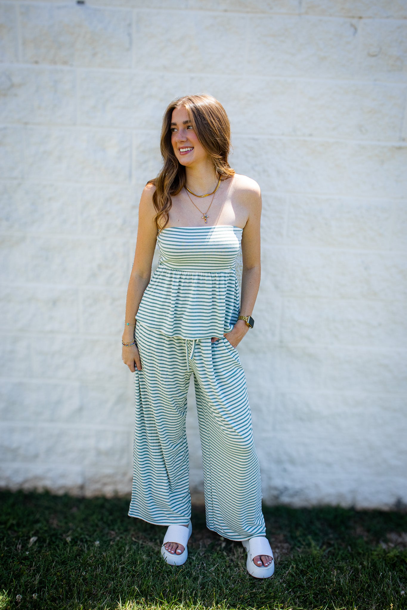 Laguna Striped Strapless Two-Piece Set – Sage Green Stripe