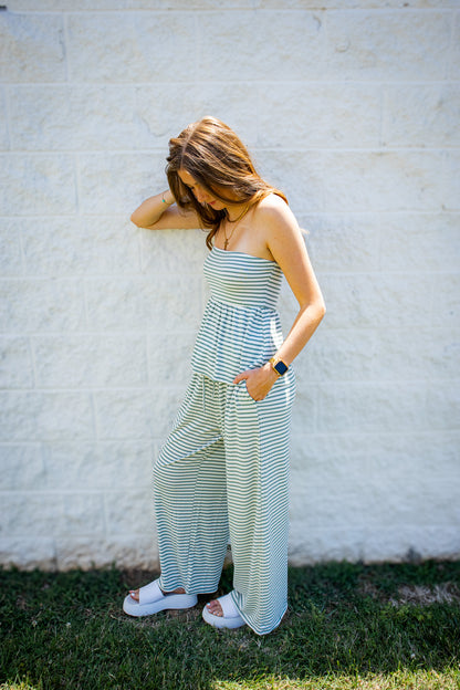 Laguna Striped Strapless Two-Piece Set – Sage Green Stripe