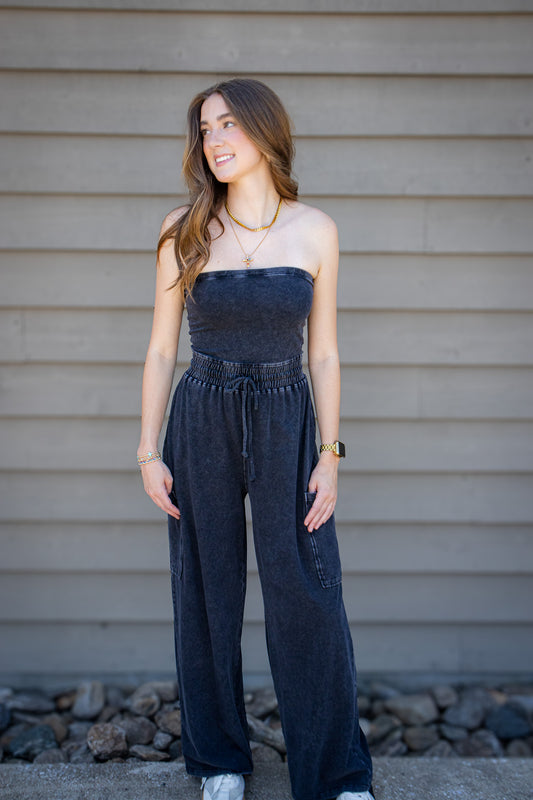 Black Mineral Wash Strapless Wide-Leg Jumpsuit