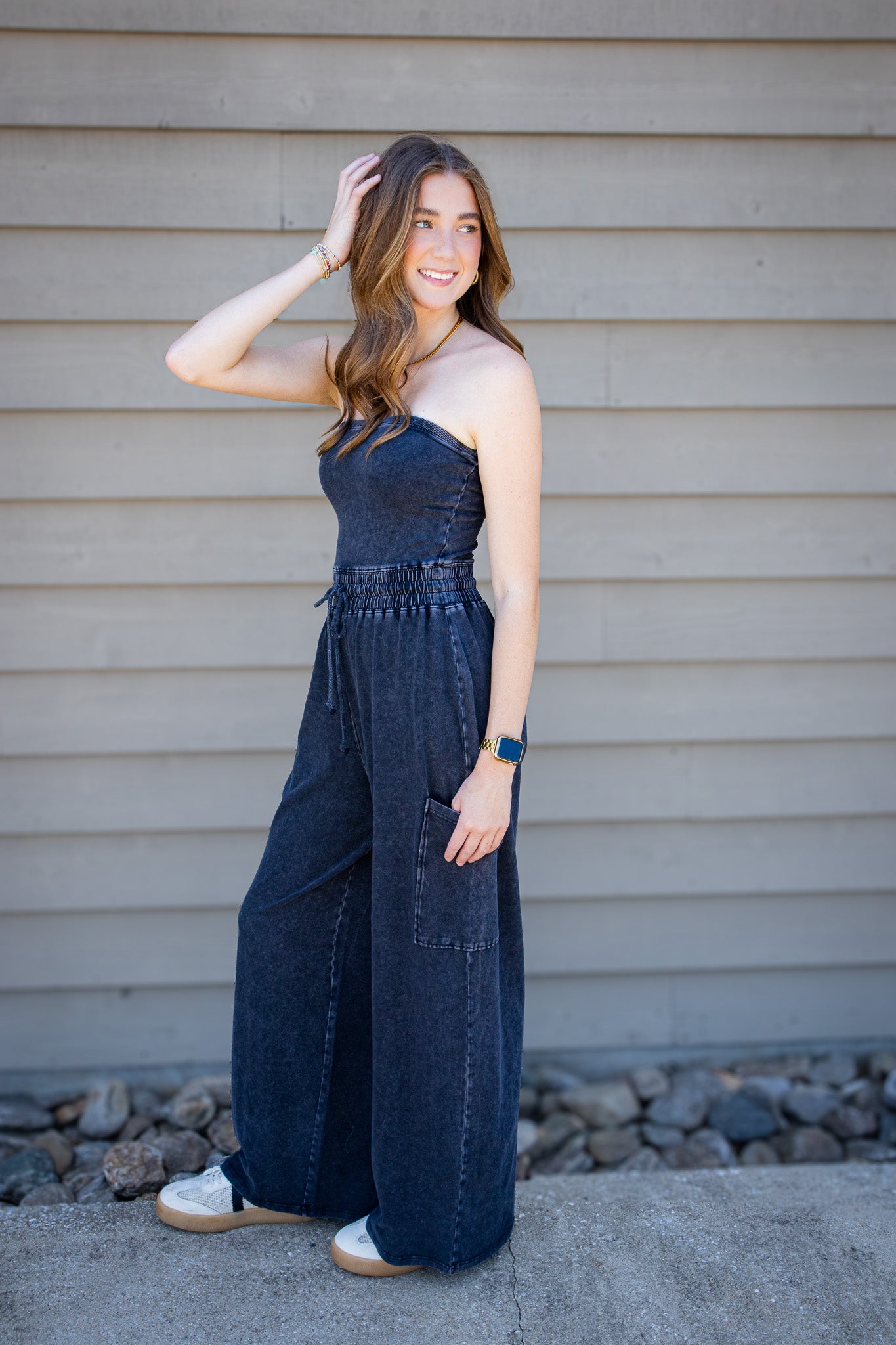 Black Mineral Wash Strapless Wide-Leg Jumpsuit