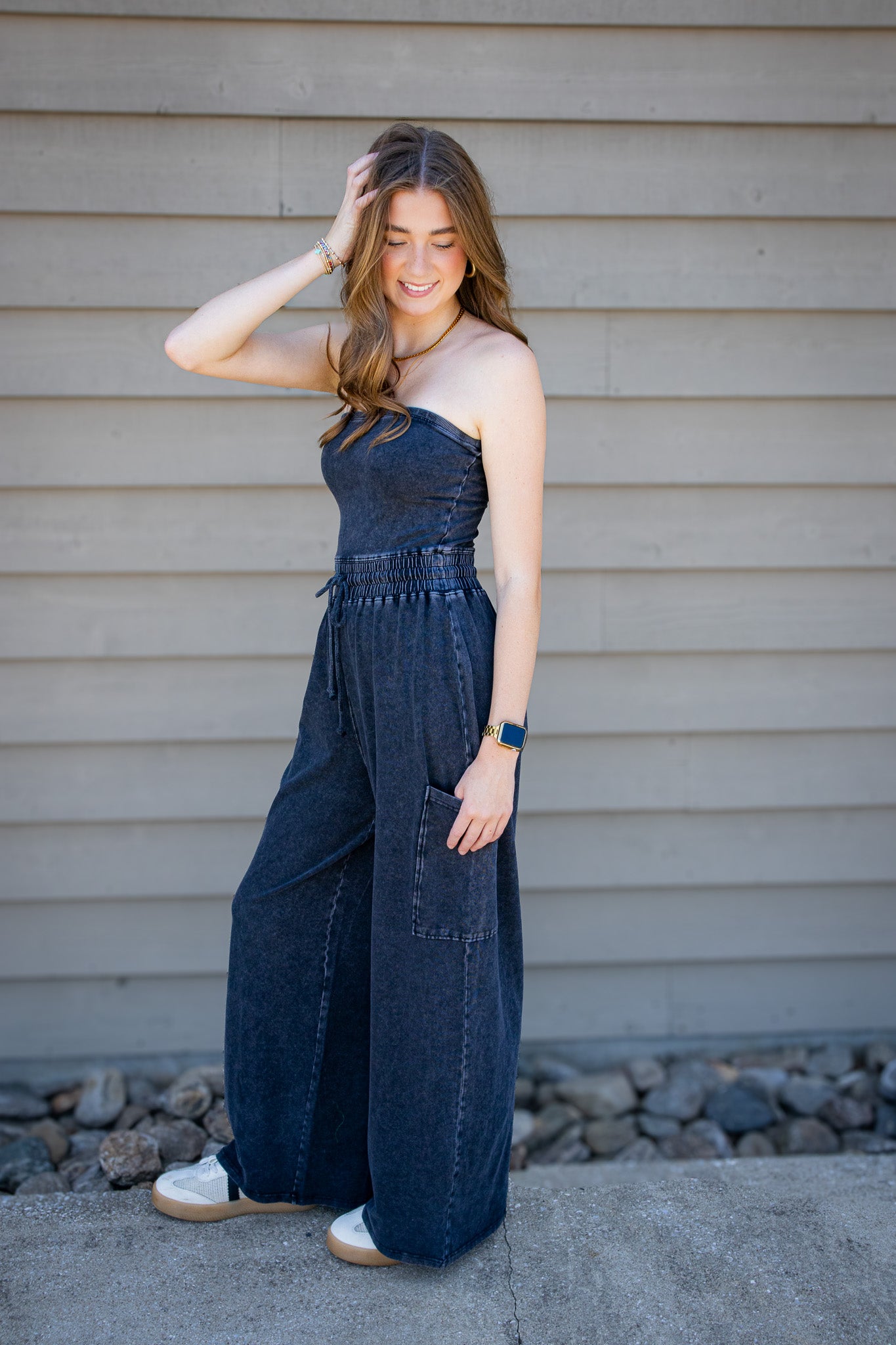 Black Mineral Wash Strapless Wide-Leg Jumpsuit