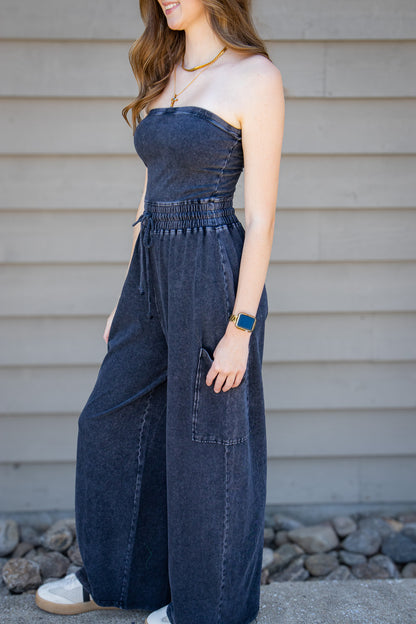 Black Mineral Wash Strapless Wide-Leg Jumpsuit