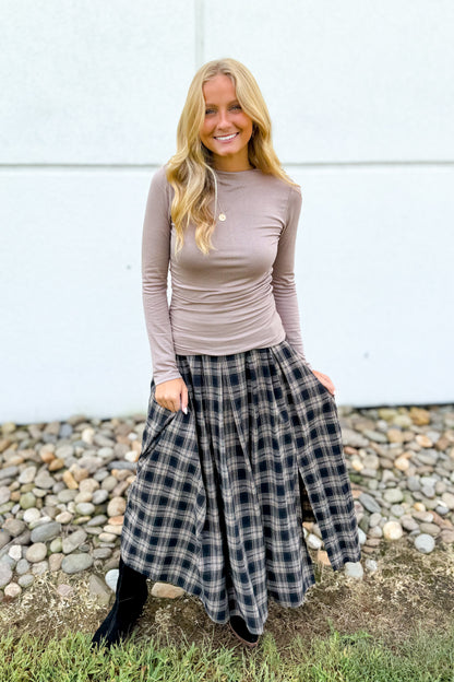 Autumn Muse Plaid Midi Skirt