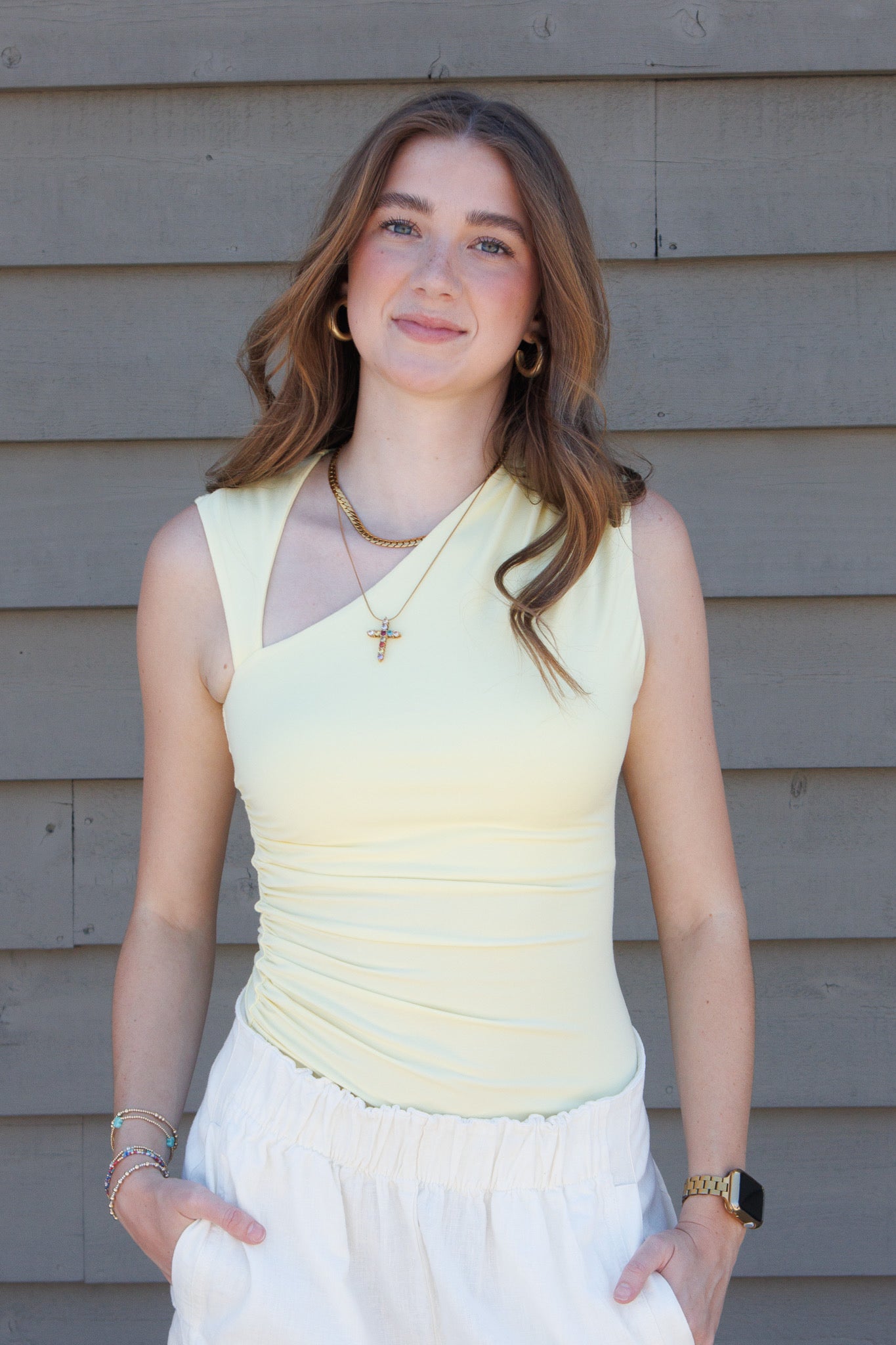 Feels Like Summer Asymmetric Ruched Top-Yellow