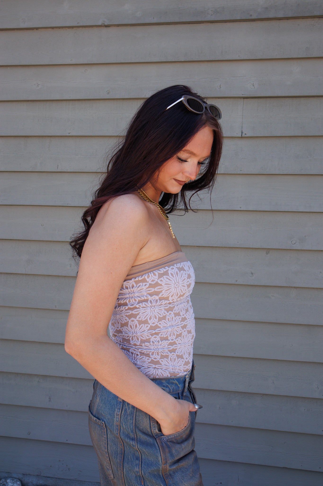 Love Notes Floral Knit Tube Top- TAUPE