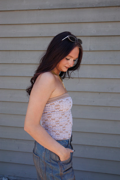 Love Notes Floral Knit Tube Top- TAUPE