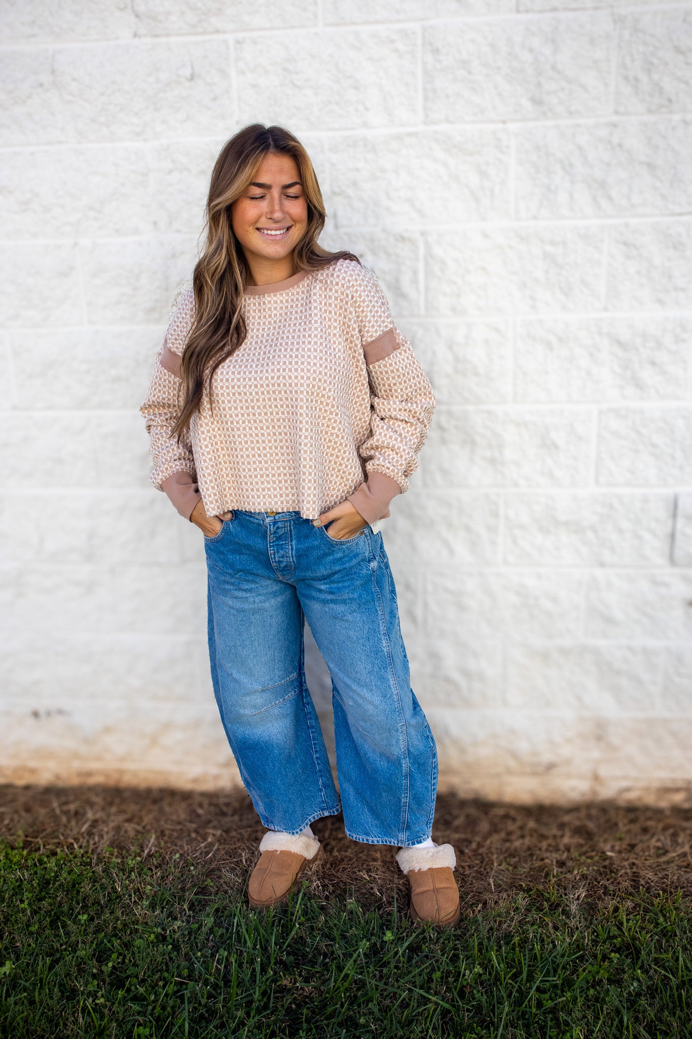 Free People - My Time Textured Reversible Layer Sweatshirt Top -SANDY