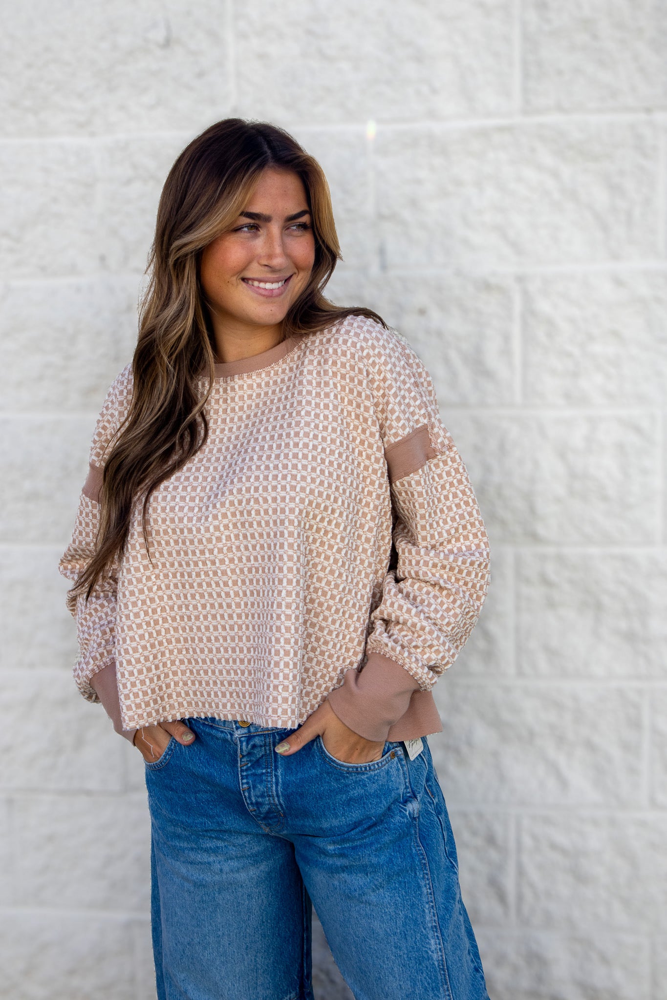 Free People - My Time Textured Reversible Layer Sweatshirt Top -SANDY