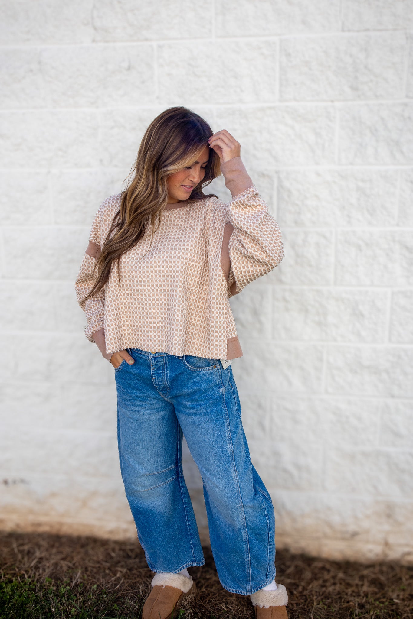 Free People - My Time Textured Reversible Layer Sweatshirt Top -SANDY