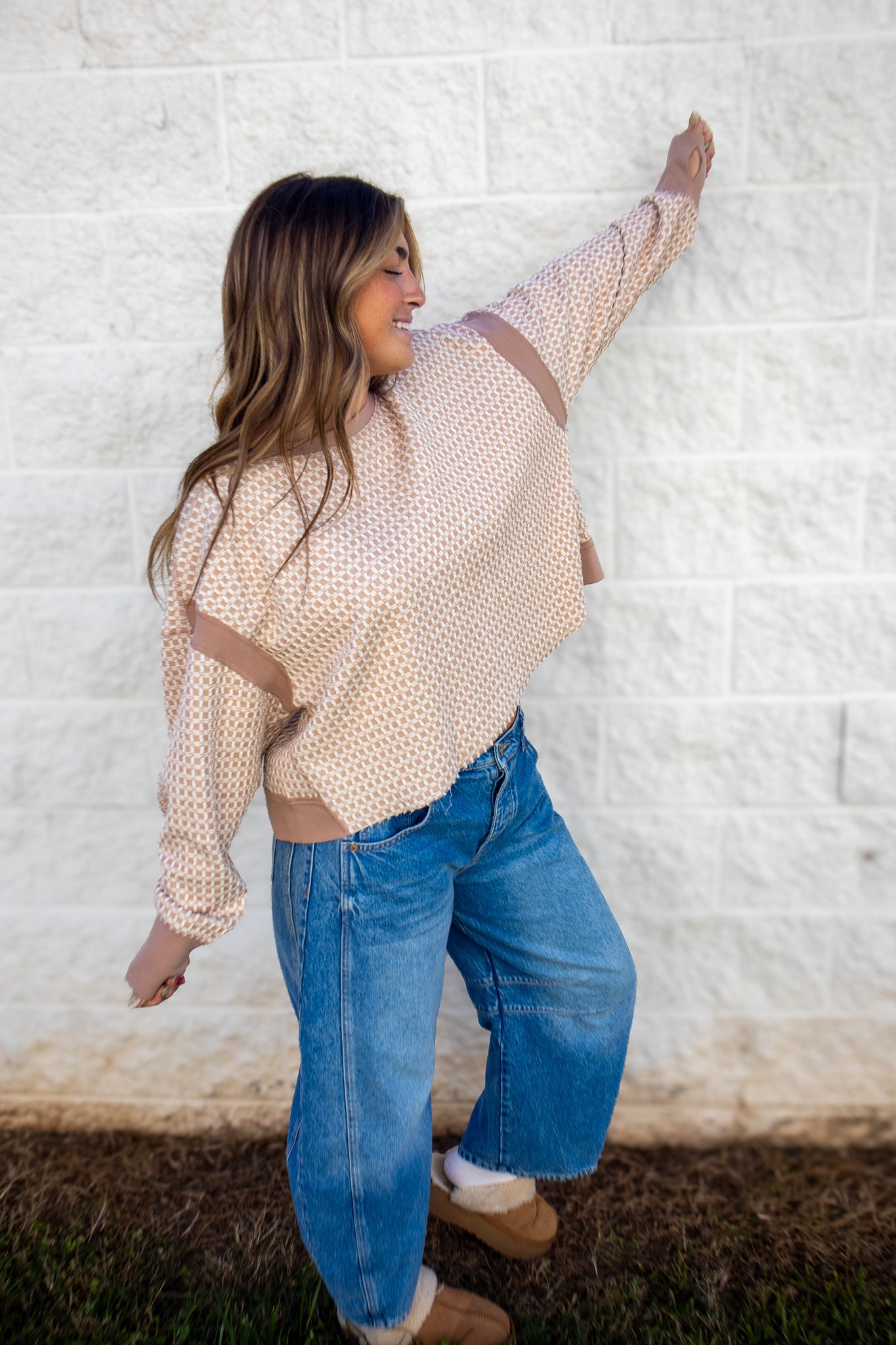 Free People - My Time Textured Reversible Layer Sweatshirt Top -SANDY
