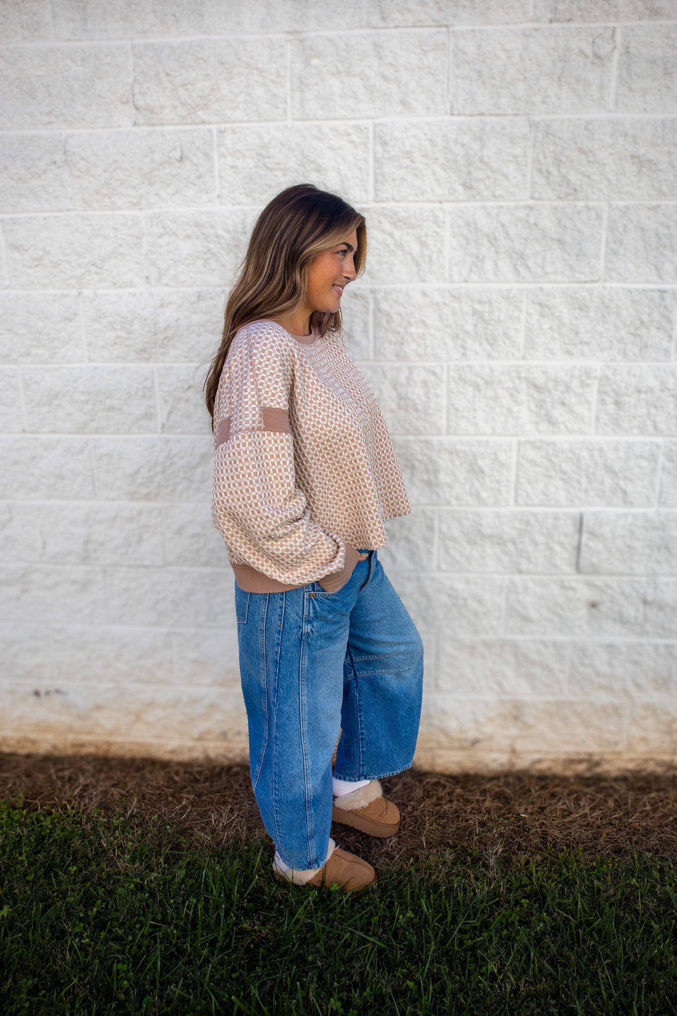 Free People - My Time Textured Reversible Layer Sweatshirt Top -SANDY