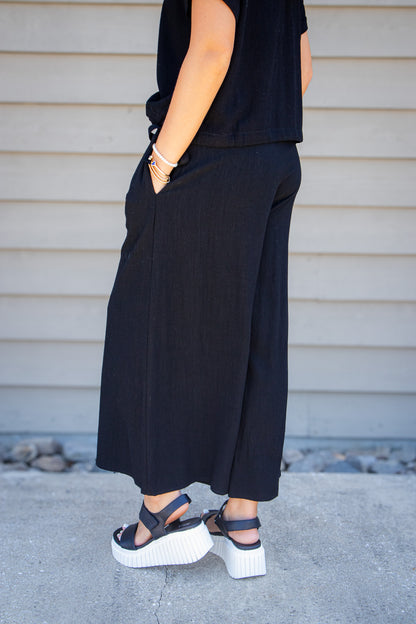 Midnight Ease Wide Leg Linen Pants - Smocked Black Cropped Trousers