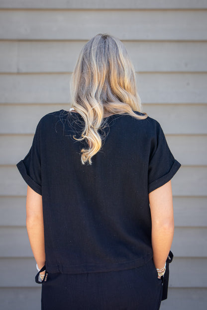 Black Sand Linen Side Tie Top