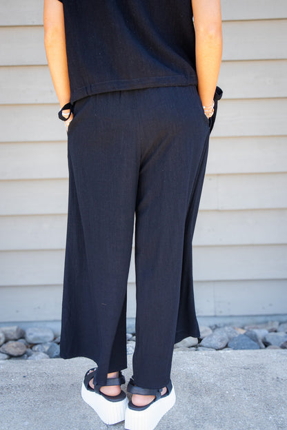 Midnight Ease Wide Leg Linen Pants - Smocked Black Cropped Trousers