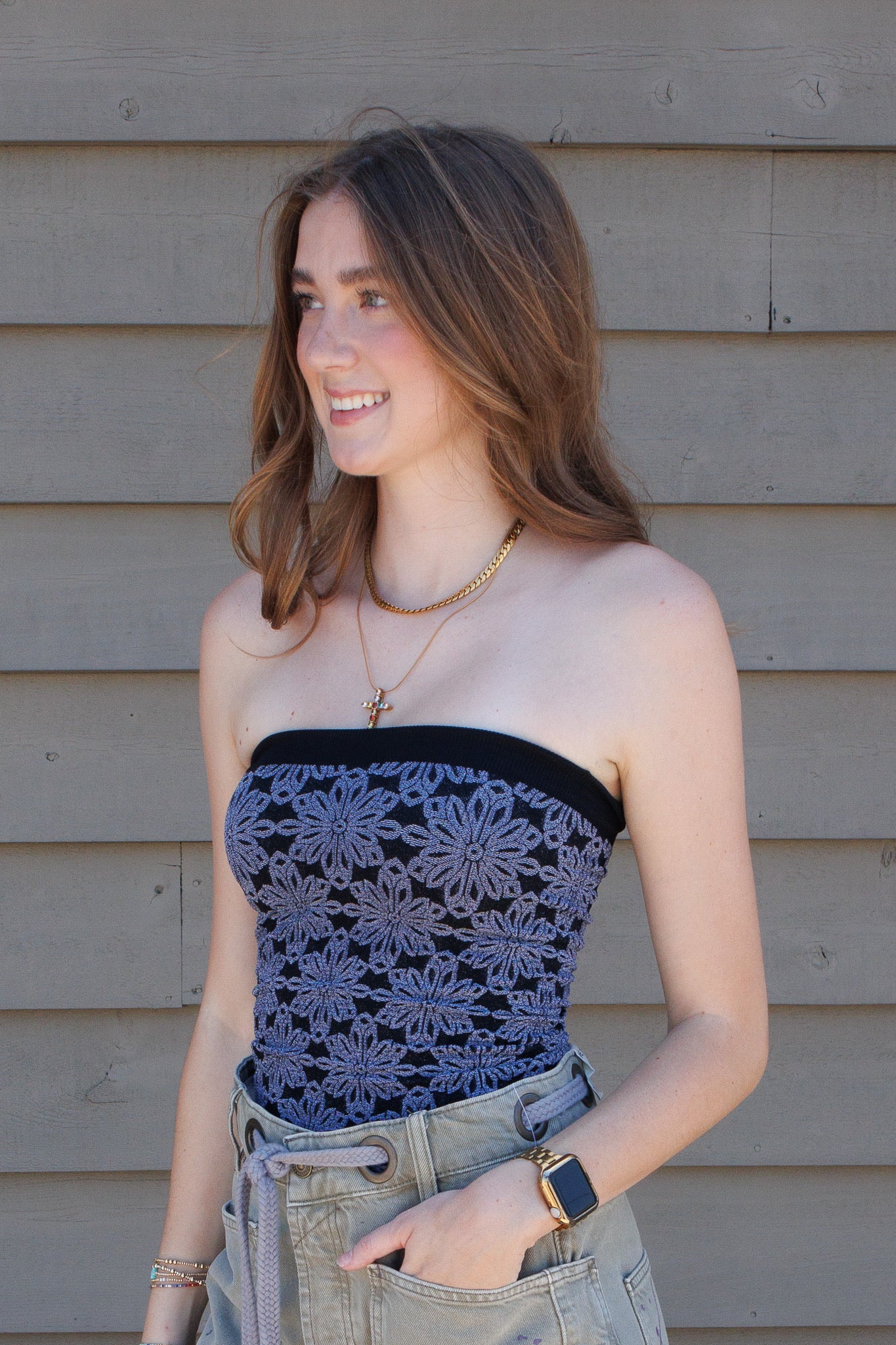 Love Notes Floral Knit Tube Top- BLACK