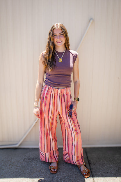 Free People - Day's End Linen Striped Pull-On Pants - SOFT CORAL COMBO