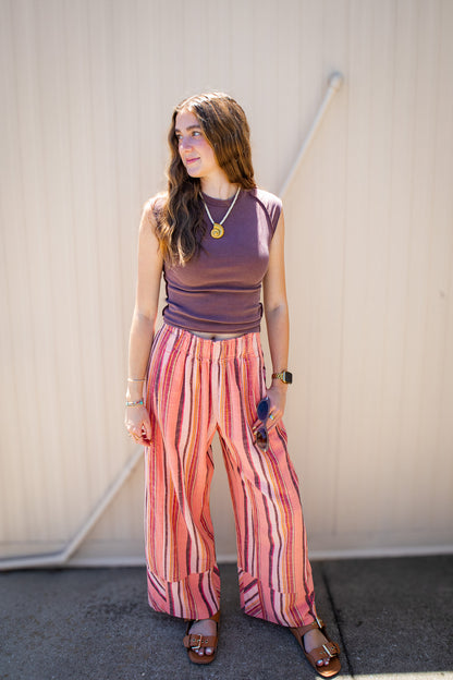 Free People - Day's End Linen Striped Pull-On Pants - SOFT CORAL COMBO