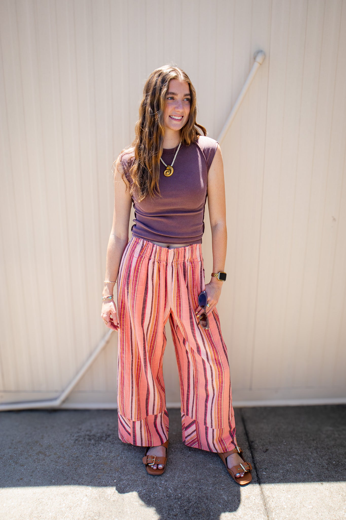 Free People - Day's End Linen Striped Pull-On Pants - SOFT CORAL COMBO
