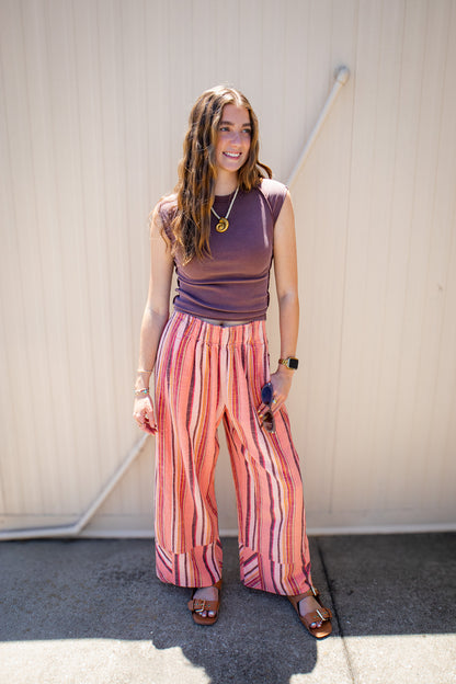 Free People - Day's End Linen Striped Pull-On Pants - SOFT CORAL COMBO