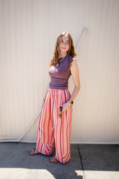Free People - Day's End Linen Striped Pull-On Pants - SOFT CORAL COMBO