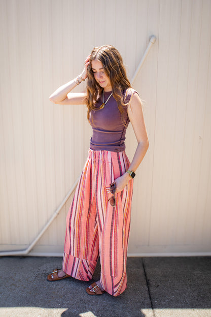 Free People - Day's End Linen Striped Pull-On Pants - SOFT CORAL COMBO