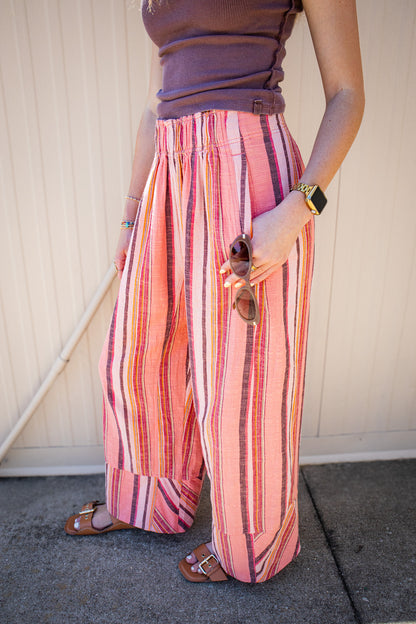 Free People - Day's End Linen Striped Pull-On Pants - SOFT CORAL COMBO