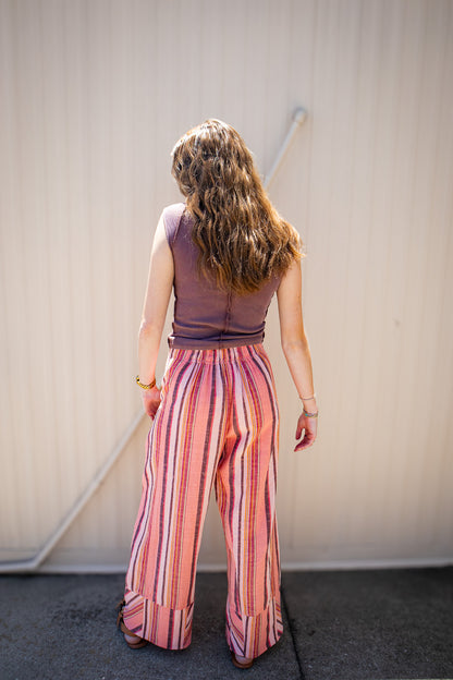 Free People - Day's End Linen Striped Pull-On Pants - SOFT CORAL COMBO