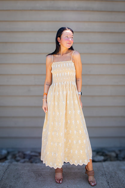 Sunshine Stroll Eyelet Midi Dress - Yellow