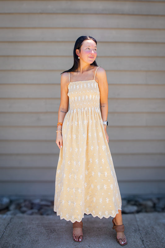 Sunshine Stroll Eyelet Midi Dress - Yellow
