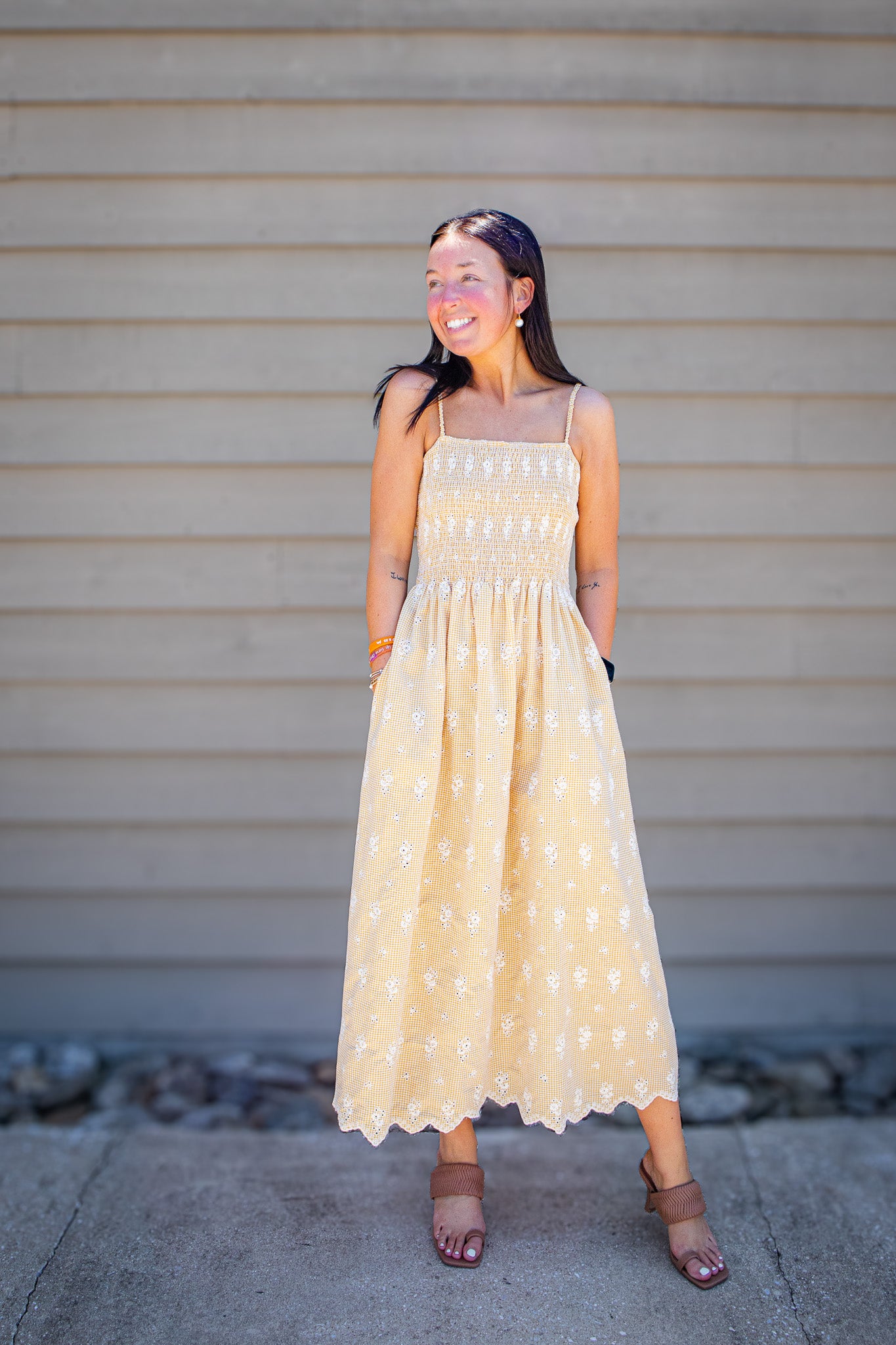 Sunshine Stroll Eyelet Midi Dress - Yellow