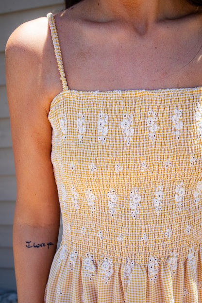 Sunshine Stroll Eyelet Midi Dress - Yellow