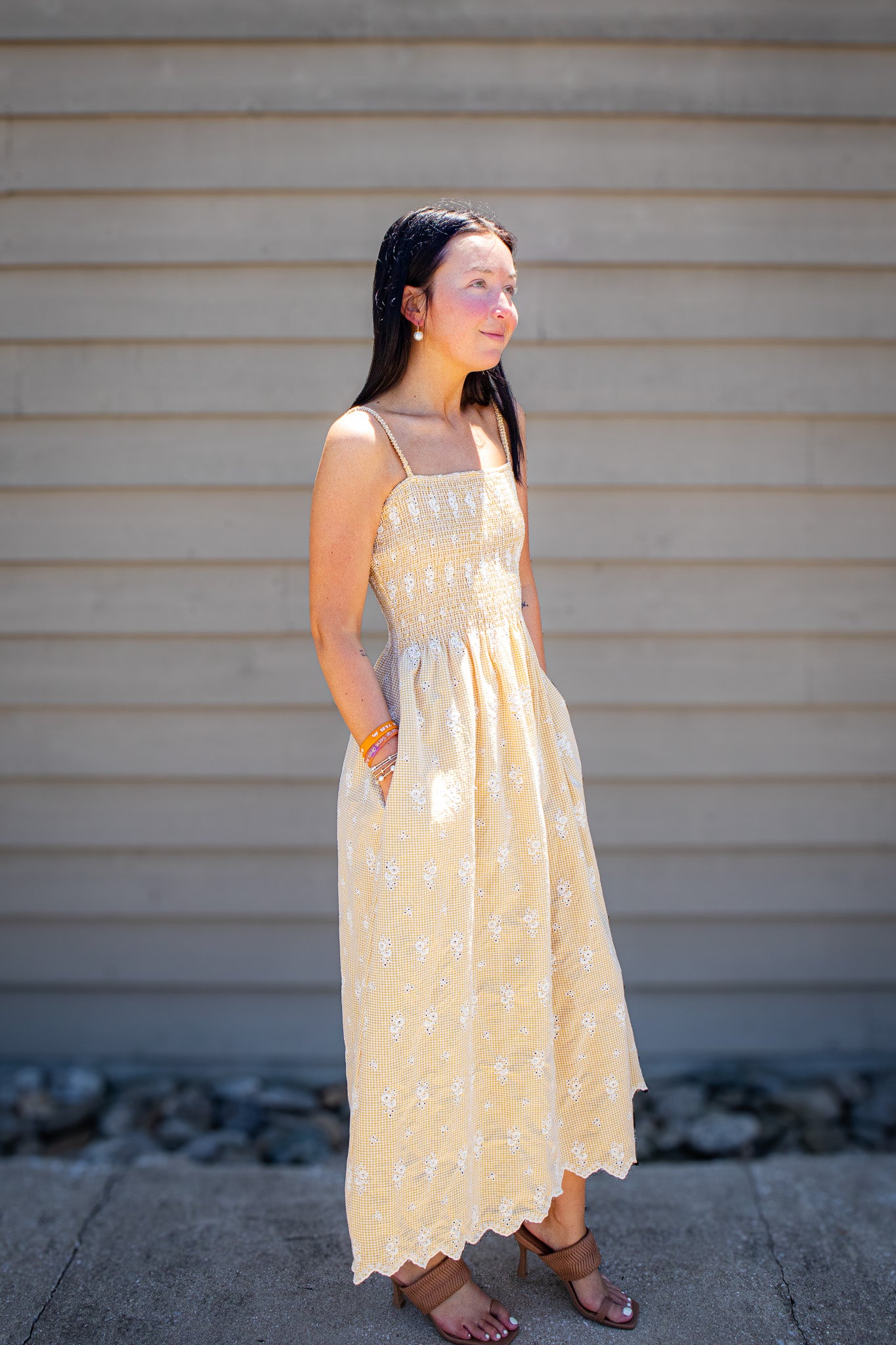Sunshine Stroll Eyelet Midi Dress - Yellow