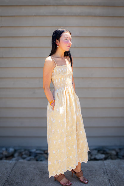 Sunshine Stroll Eyelet Midi Dress - Yellow