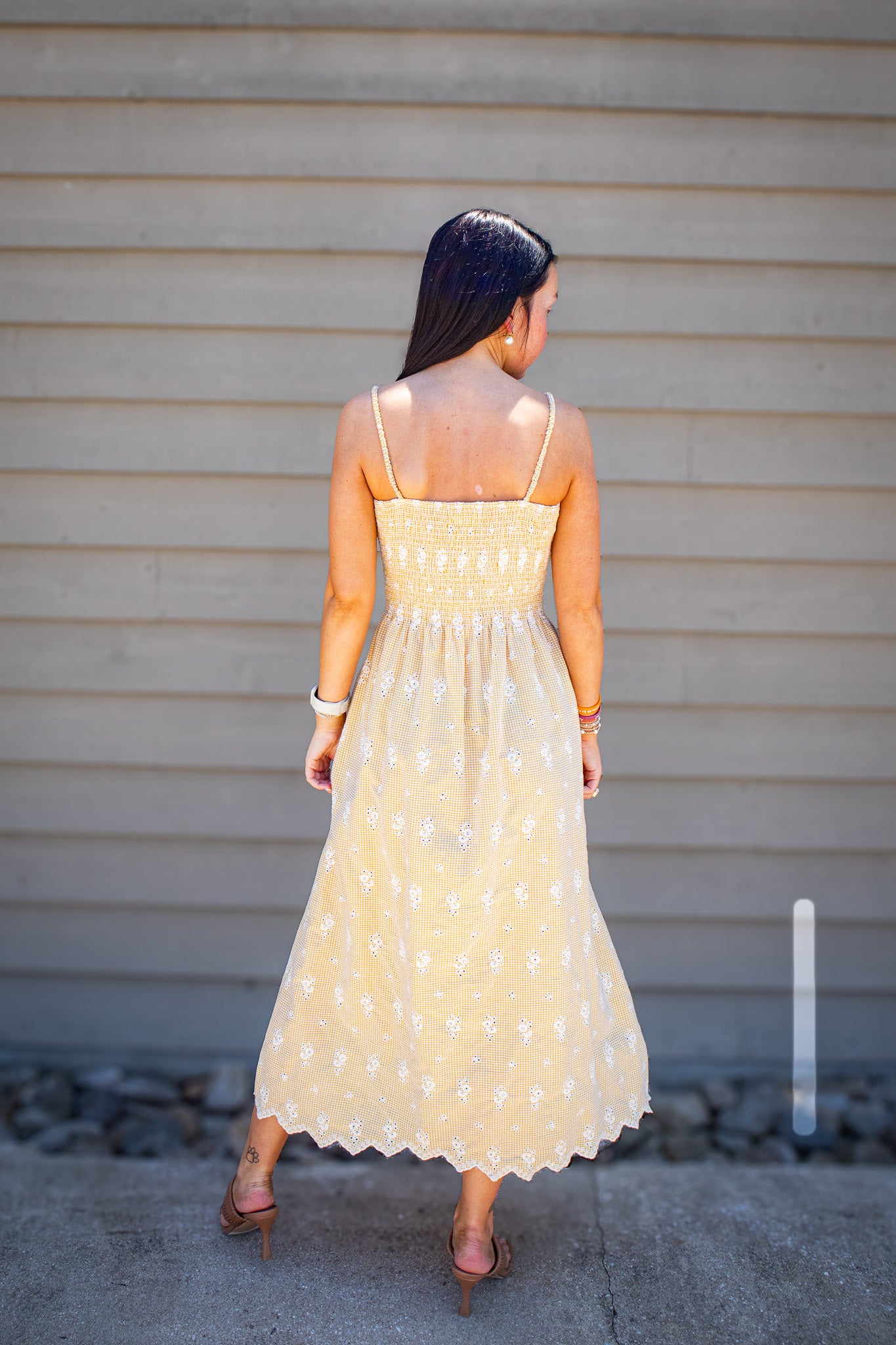 Sunshine Stroll Eyelet Midi Dress - Yellow