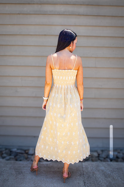 Sunshine Stroll Eyelet Midi Dress - Yellow