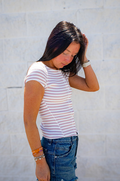 Free People - Intimately Most Wanted Striped Ribbed Cardigan – Mauve/Ivory