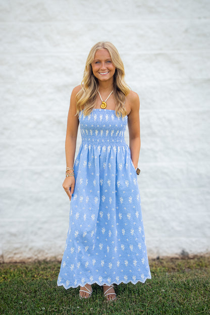 Serene Blue Gingham Eyelet Smocked Midi Dress
