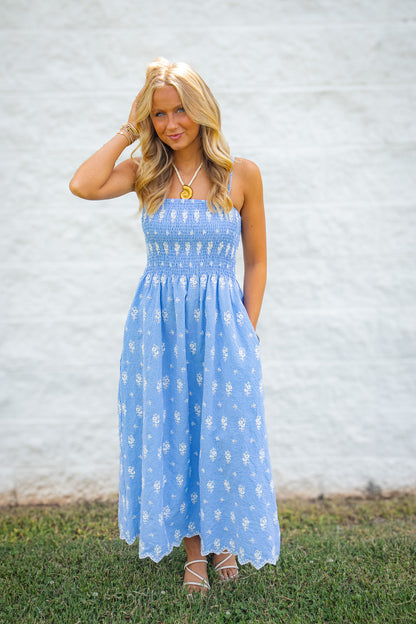 Serene Blue Gingham Eyelet Smocked Midi Dress