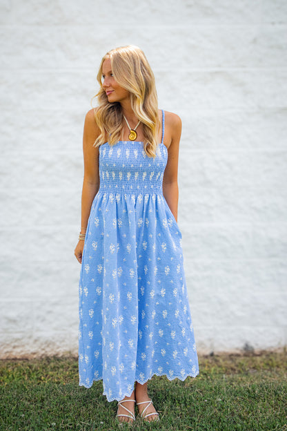 Serene Blue Gingham Eyelet Smocked Midi Dress