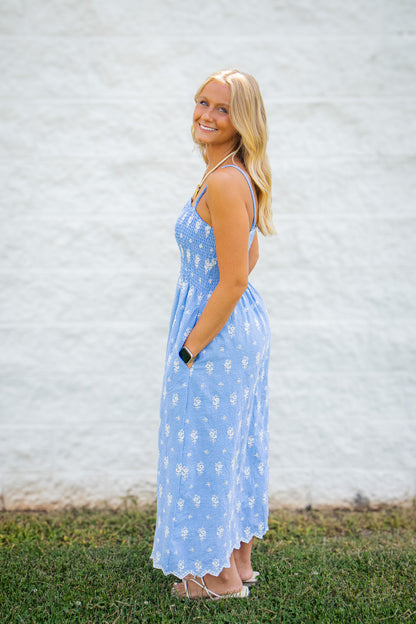 Serene Blue Gingham Eyelet Smocked Midi Dress