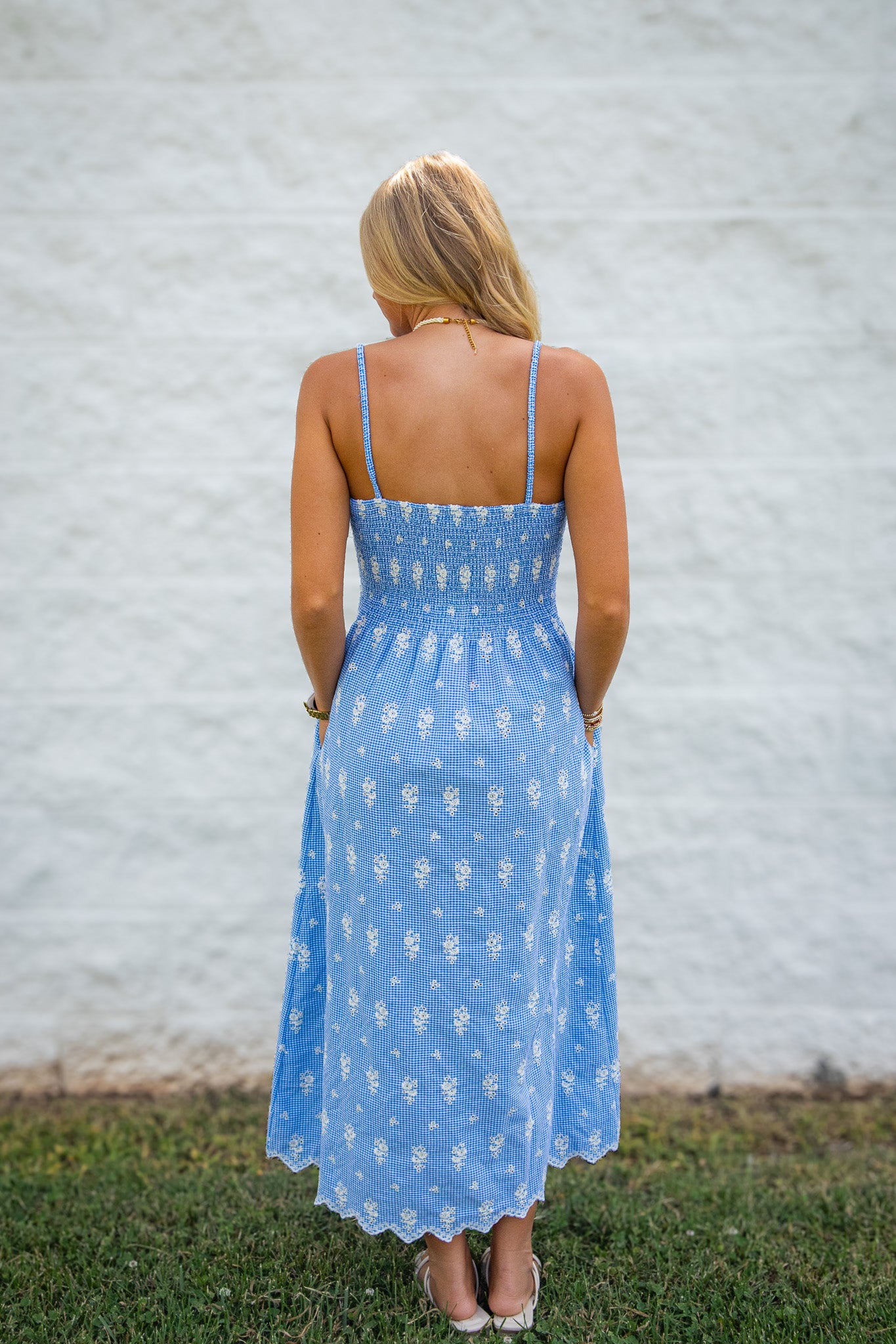 Serene Blue Gingham Eyelet Smocked Midi Dress