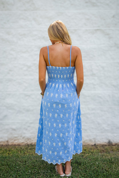 Serene Blue Gingham Eyelet Smocked Midi Dress
