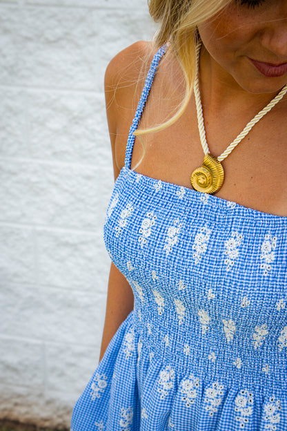 Serene Blue Gingham Eyelet Smocked Midi Dress